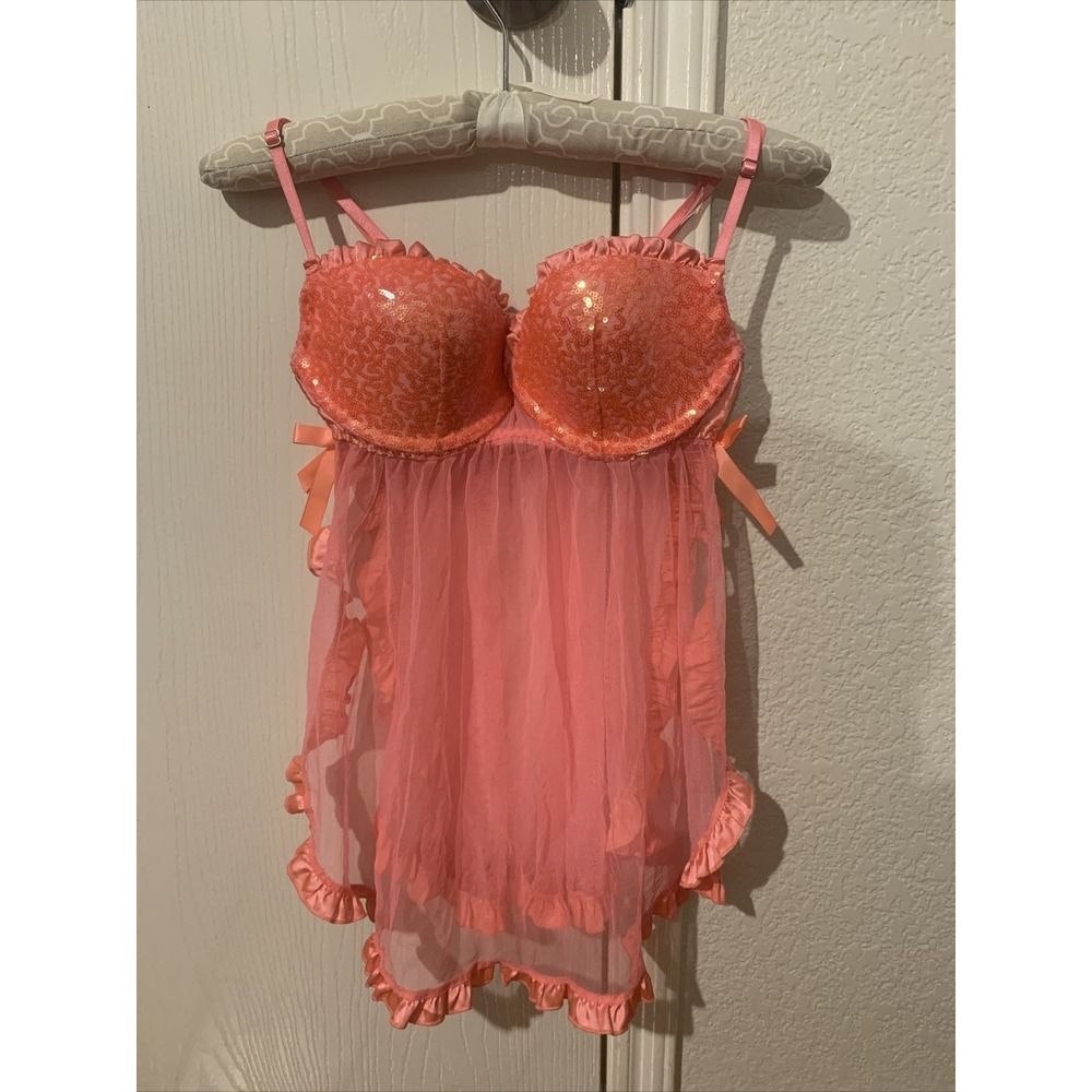 victoria secret sexy short babydoll night gown 34C push ip bright orange sequine